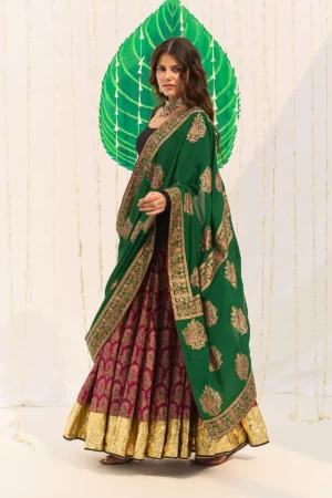 Jameela Block printed pink lehenga with solid black blouse and dupatta