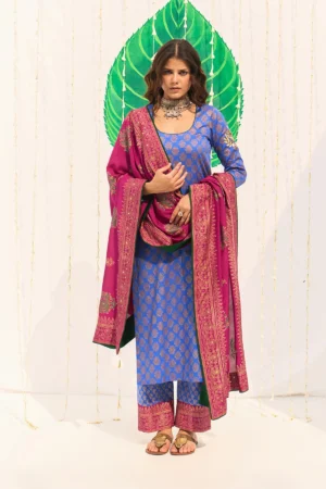Jameela Blue Block Printed Straight Kurta with Palazzo and Dupatta