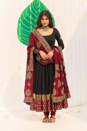 Jameela Black Block Printed Anarkali with Chooridar and Dupatta